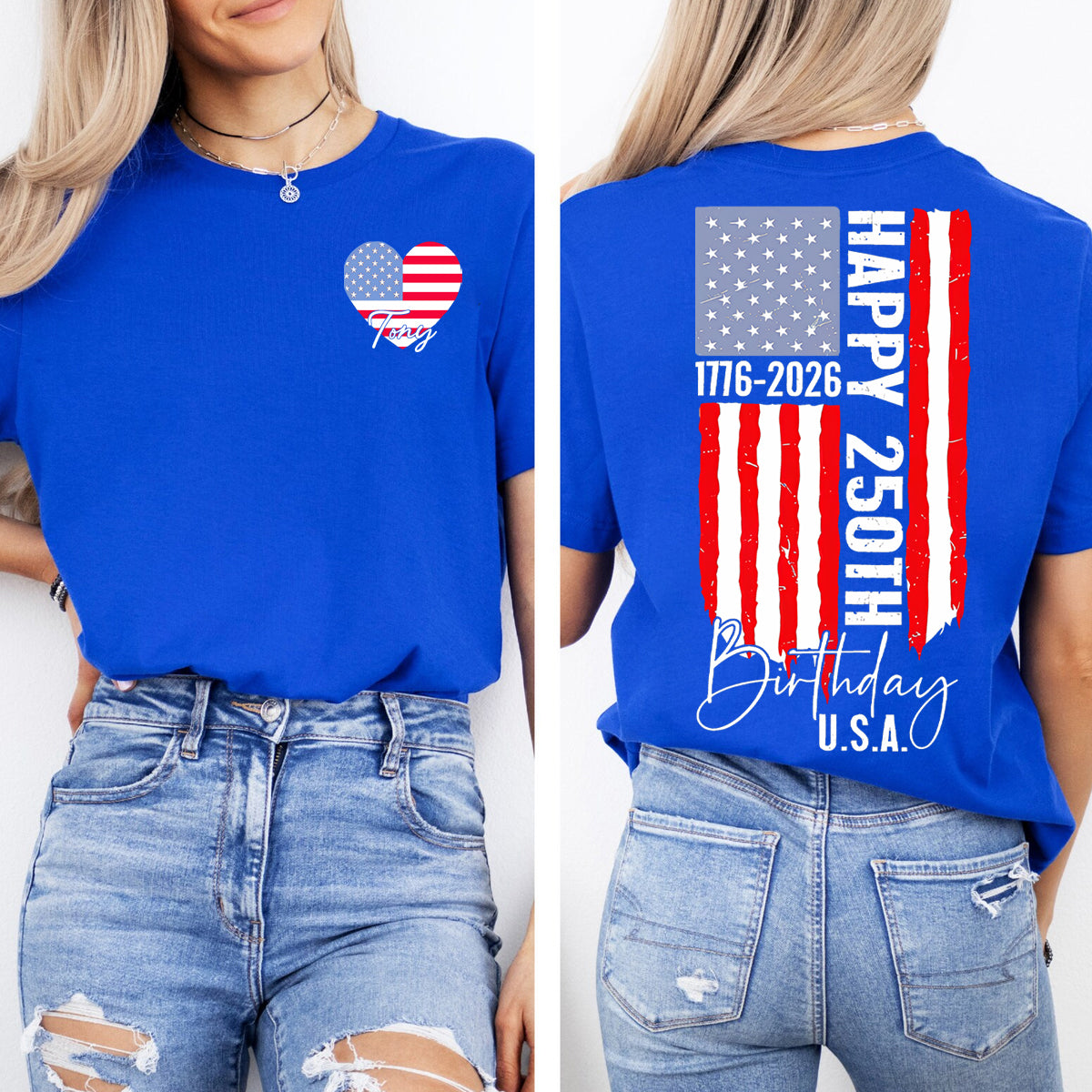 Personalized Name Happy 250th Birthday U.S.A.   Double Printed T-shirt