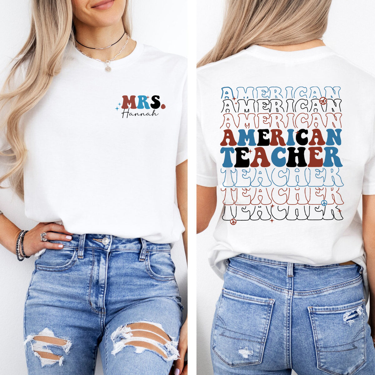 Personalized Name  American Teacher  Double Printed T-shirt