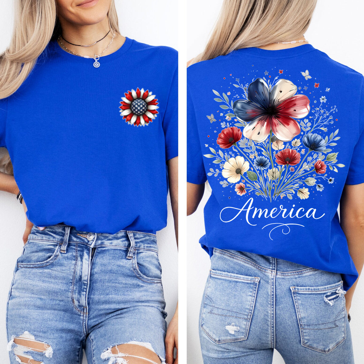 America  Flowers Graphics  Double Printed T-shirt