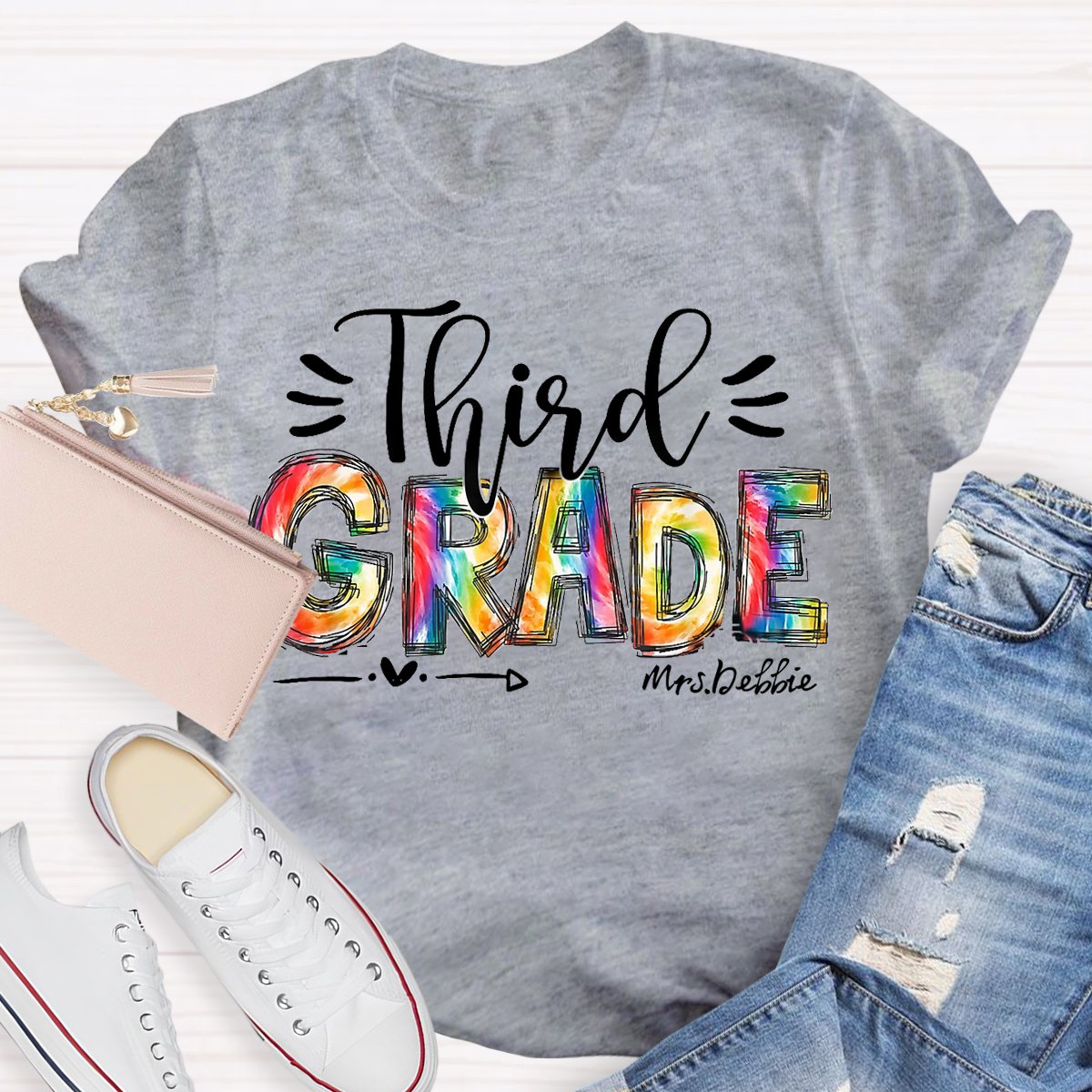 Personalized  Grade And Name Colorful Printed Teacher Back To School T-Shirt