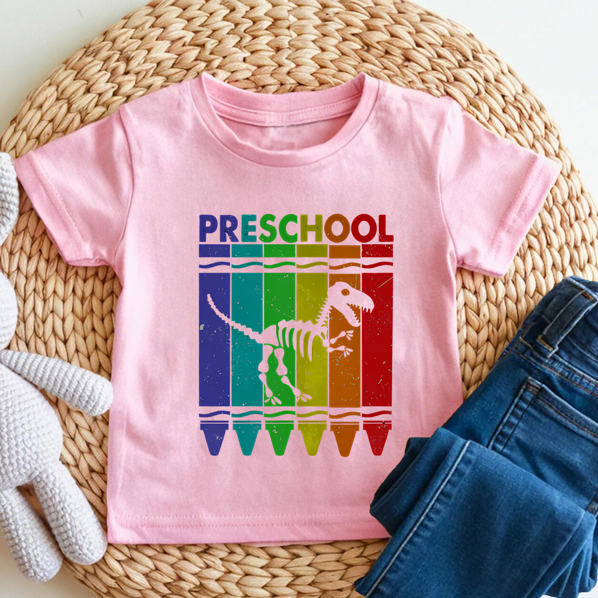Personalized Grade Preschool Rainbow Crayon Dino Toddler T-shirts