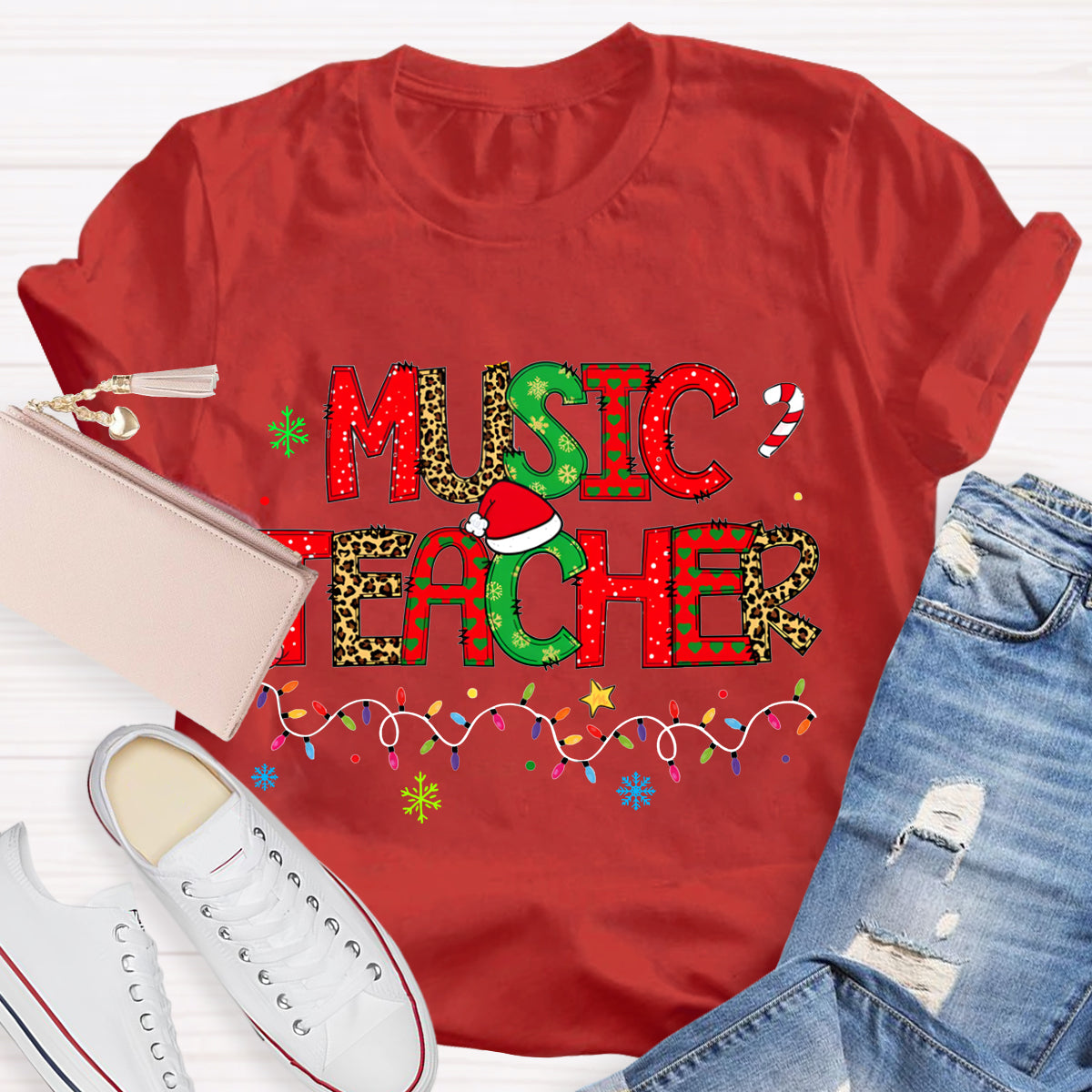 Music Teacher Christmas Lights And Colorful Fonts Christmas T-shirt