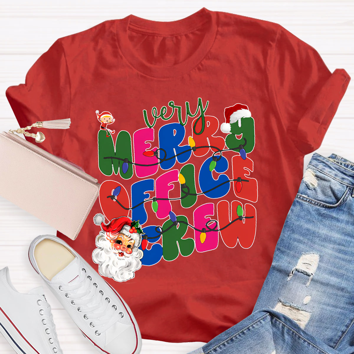 Very Merry Office Crew Santa Claus And Colorful Fonts T-shirt