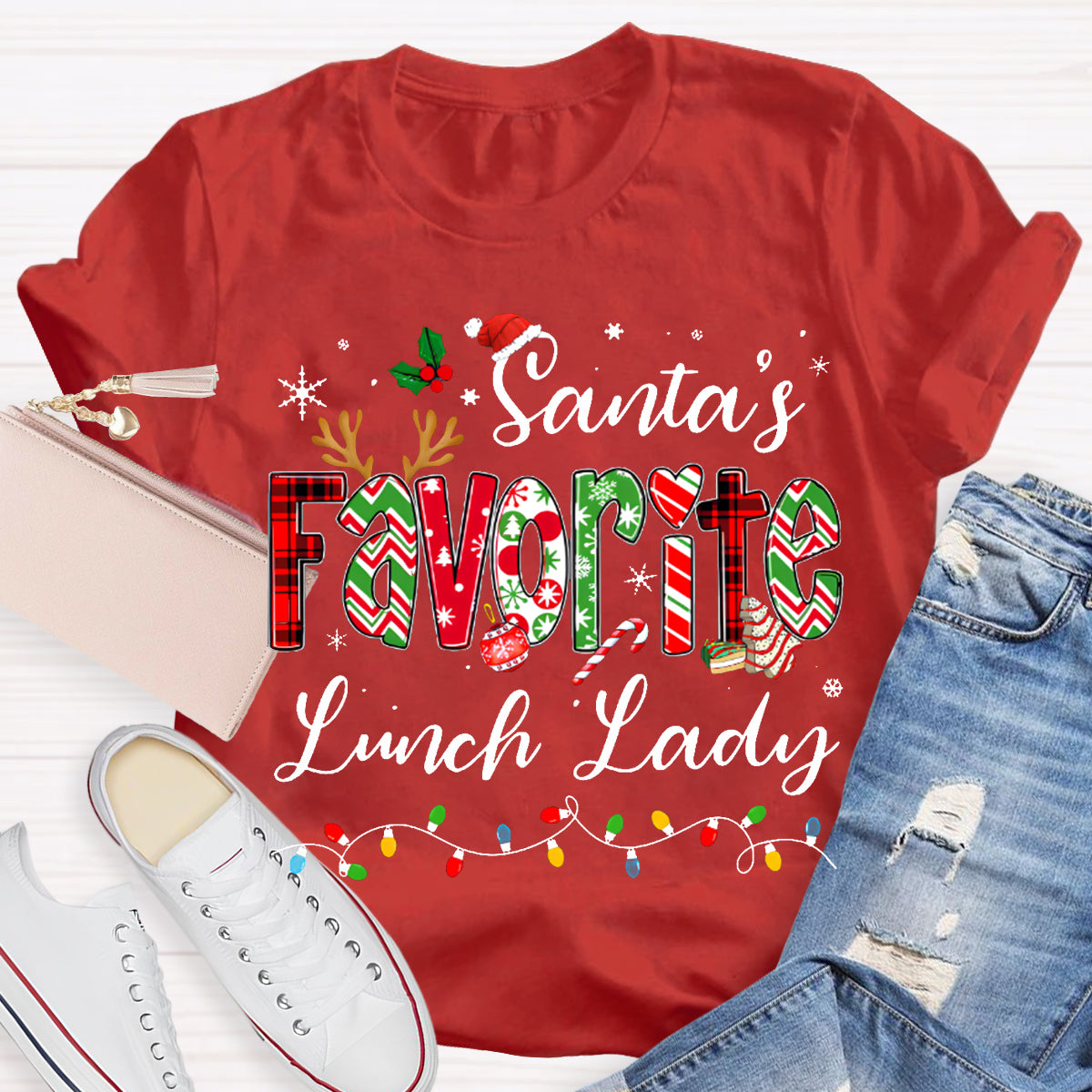 Santa'S Favorite Lunch Lady Christmas Lights T-shirt