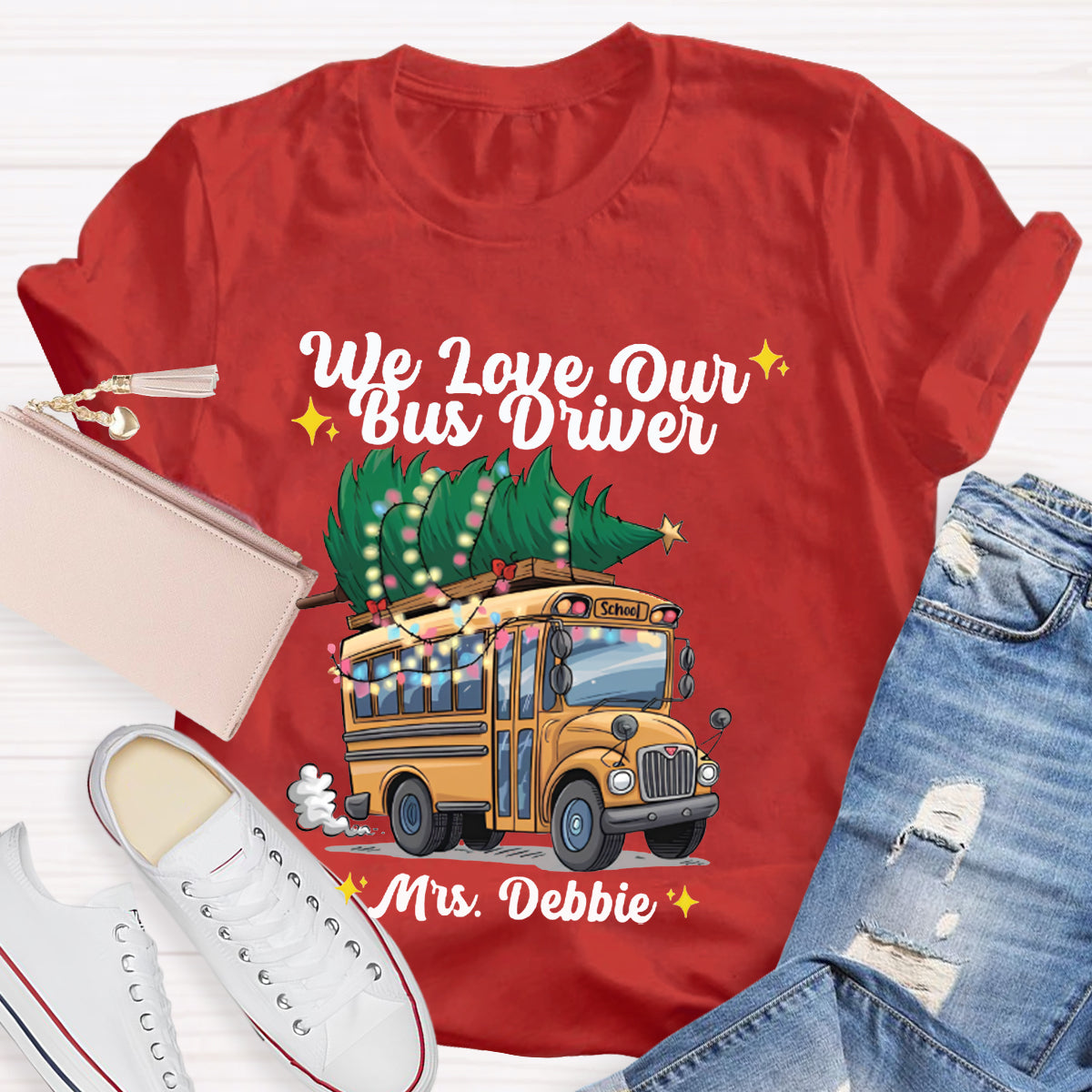 Personalized Name We Love Our School Bus And Christmas Tree T-shirt