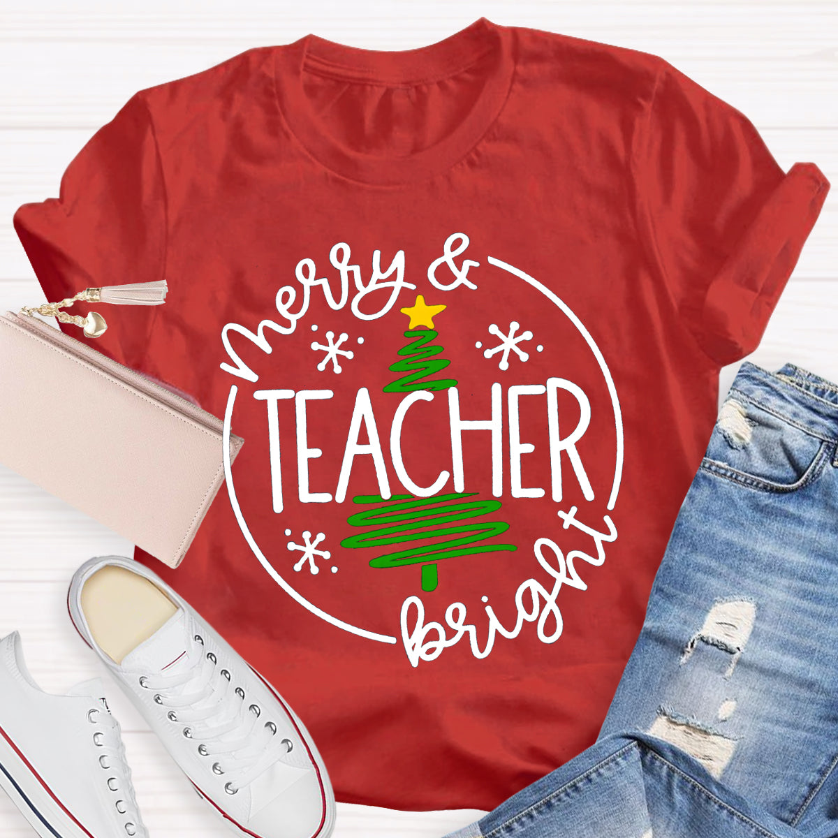 Merry And Teacher Bright Christmas Tree T-shirt