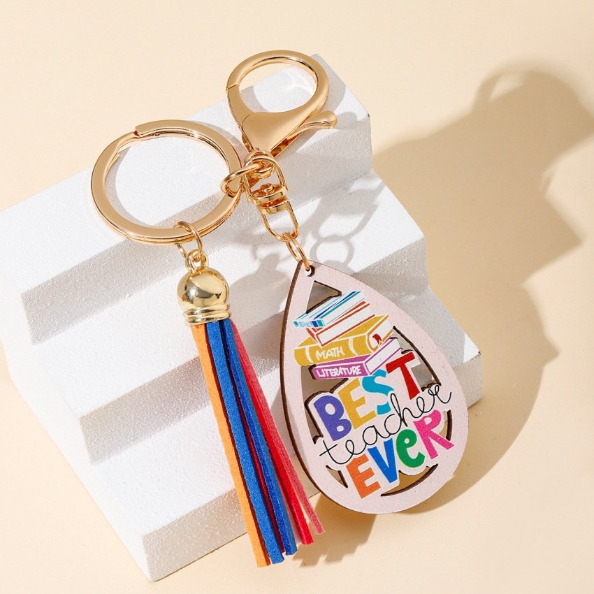 Rainbow Wooden Plaque Tassel Keychain