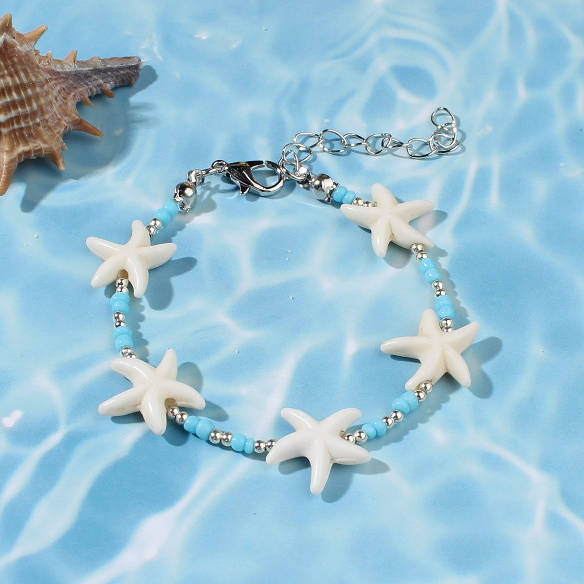 Starfish Conch  Blue Bead  And Seed Bead Necklace & Bracelet Set