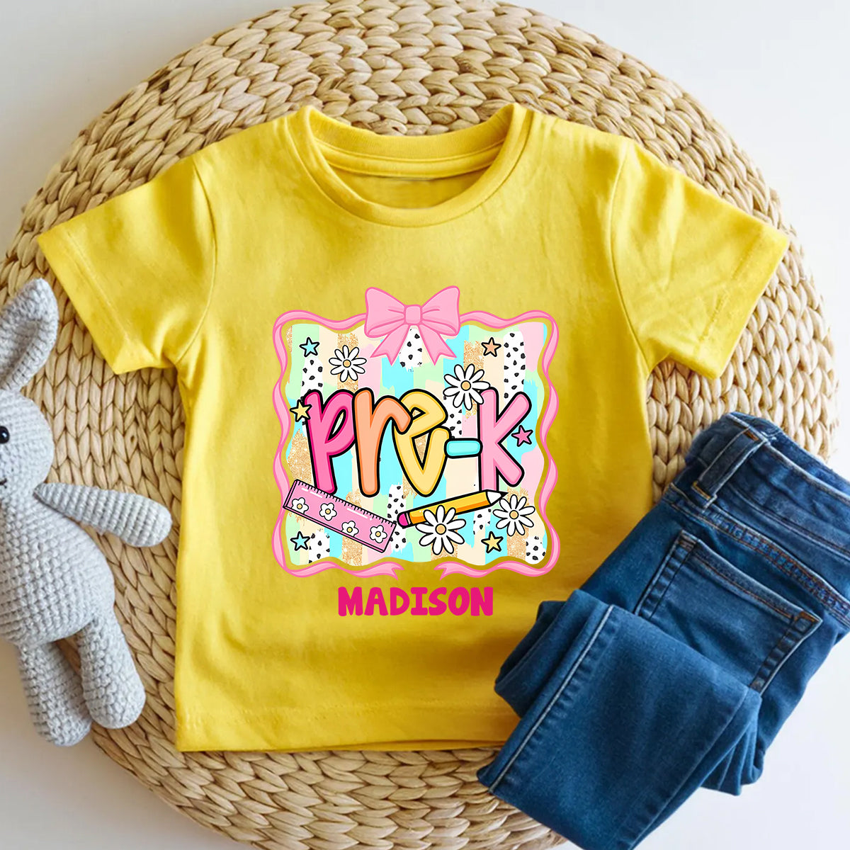 Personalized Name And Grade Bows And Daisies Pre-K Toddler T-shirts