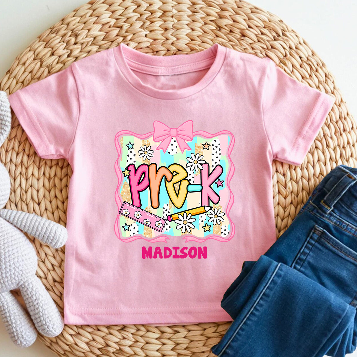 Personalized Name And Grade Bows And Daisies Pre-K Toddler T-shirts