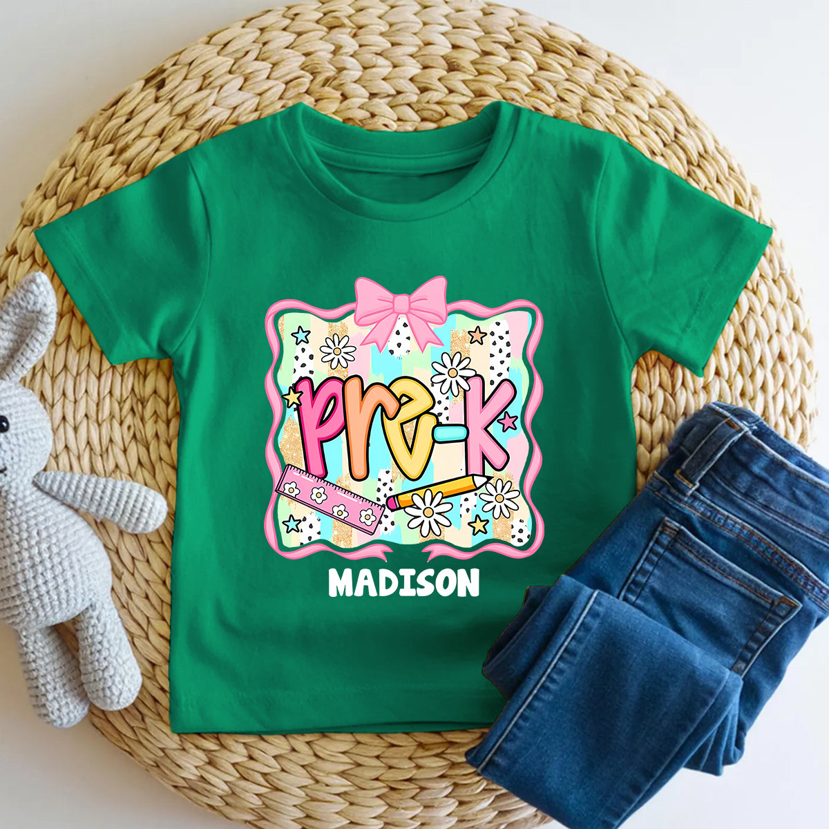 Personalized Name And Grade Bows And Daisies Pre-K Toddler T-shirts