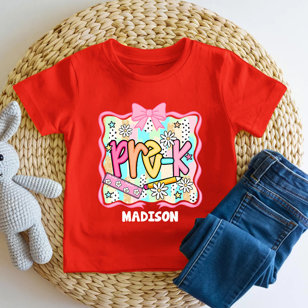 Personalized Name And Grade Bows And Daisies Pre-K Toddler T-shirts