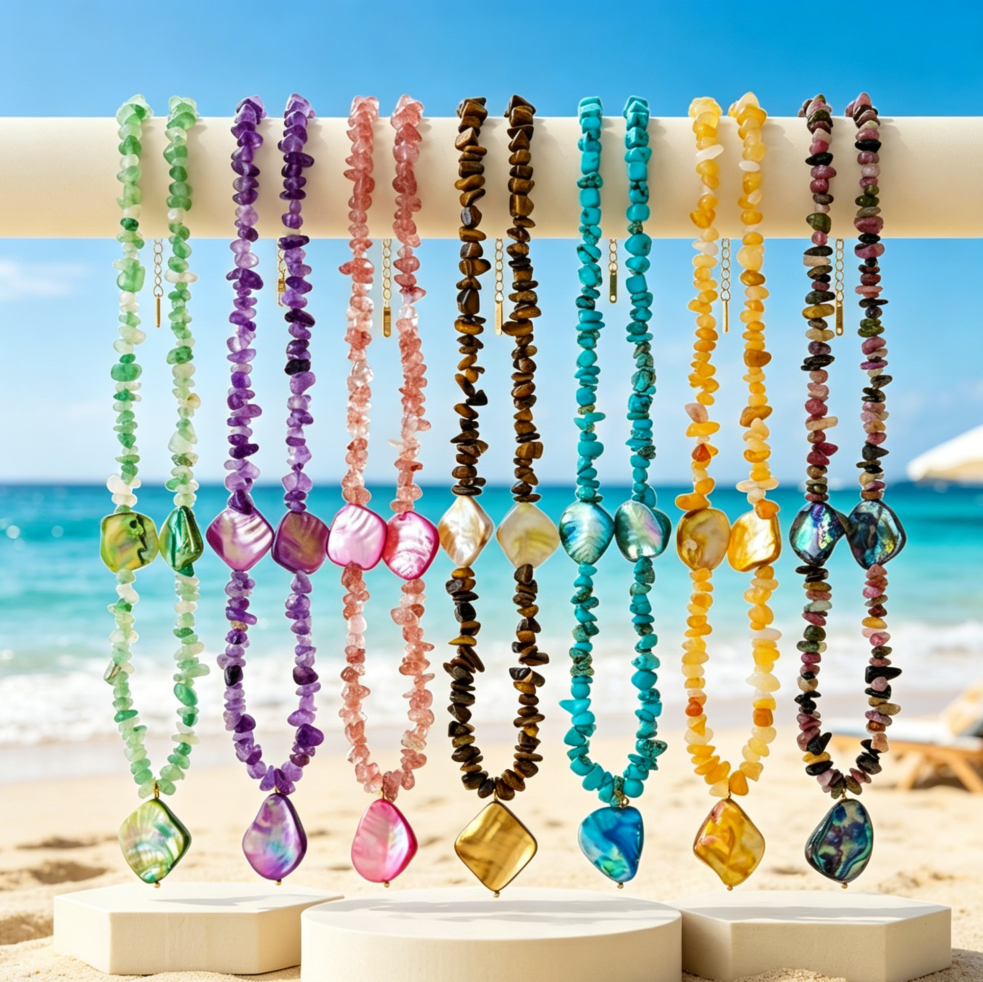 Dopamine-Style Natural Stone Beaded Necklace With Shell Pendant