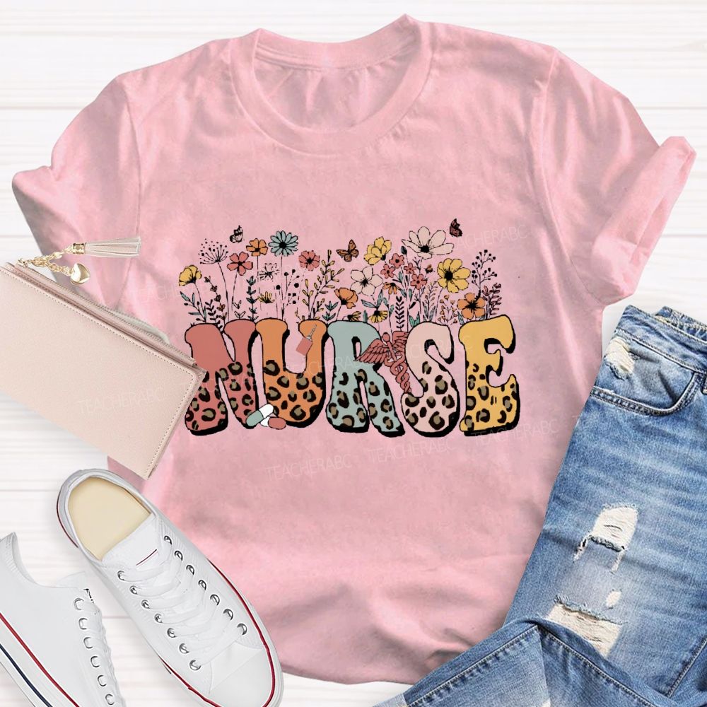 Floral Leopard School Nurse Teacher T-Shirt