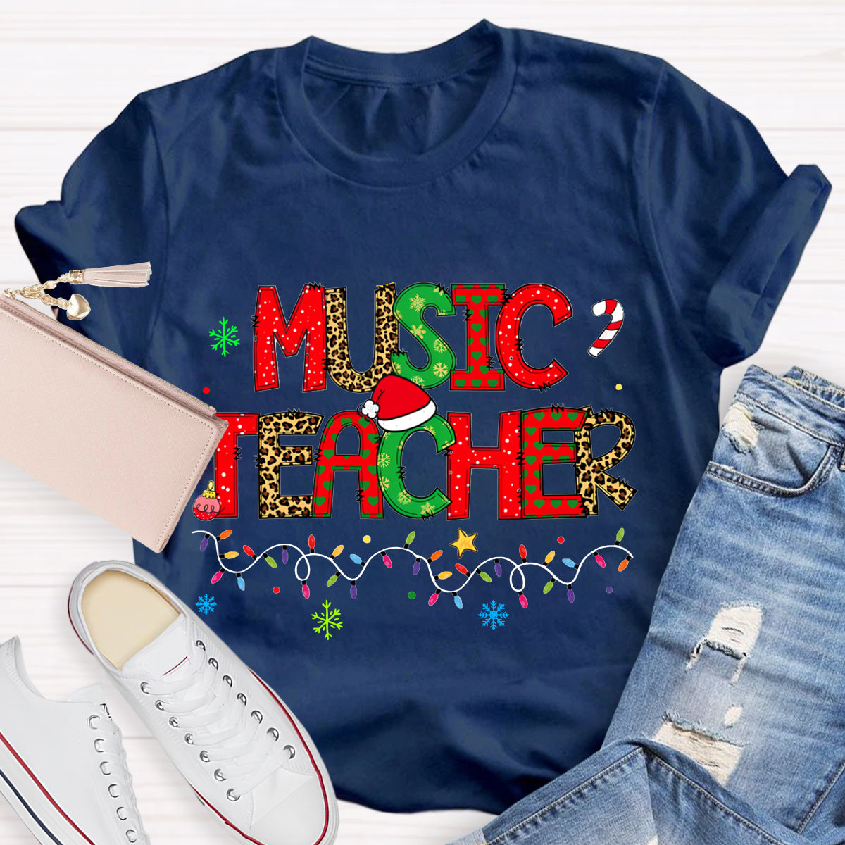Music Teacher Christmas Lights And Colorful Fonts Christmas T-shirt