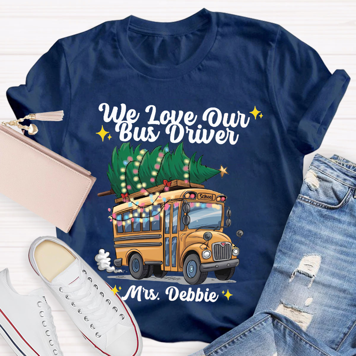 Personalized Name We Love Our School Bus And Christmas Tree T-shirt