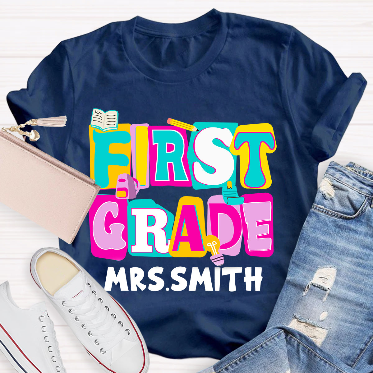Personalized Grade And Name Colorful Letter Squad Pencil Teacher T-shirt