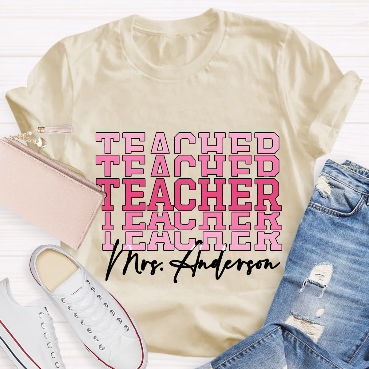 Personalize Name Pink  Teacher T-Shirt