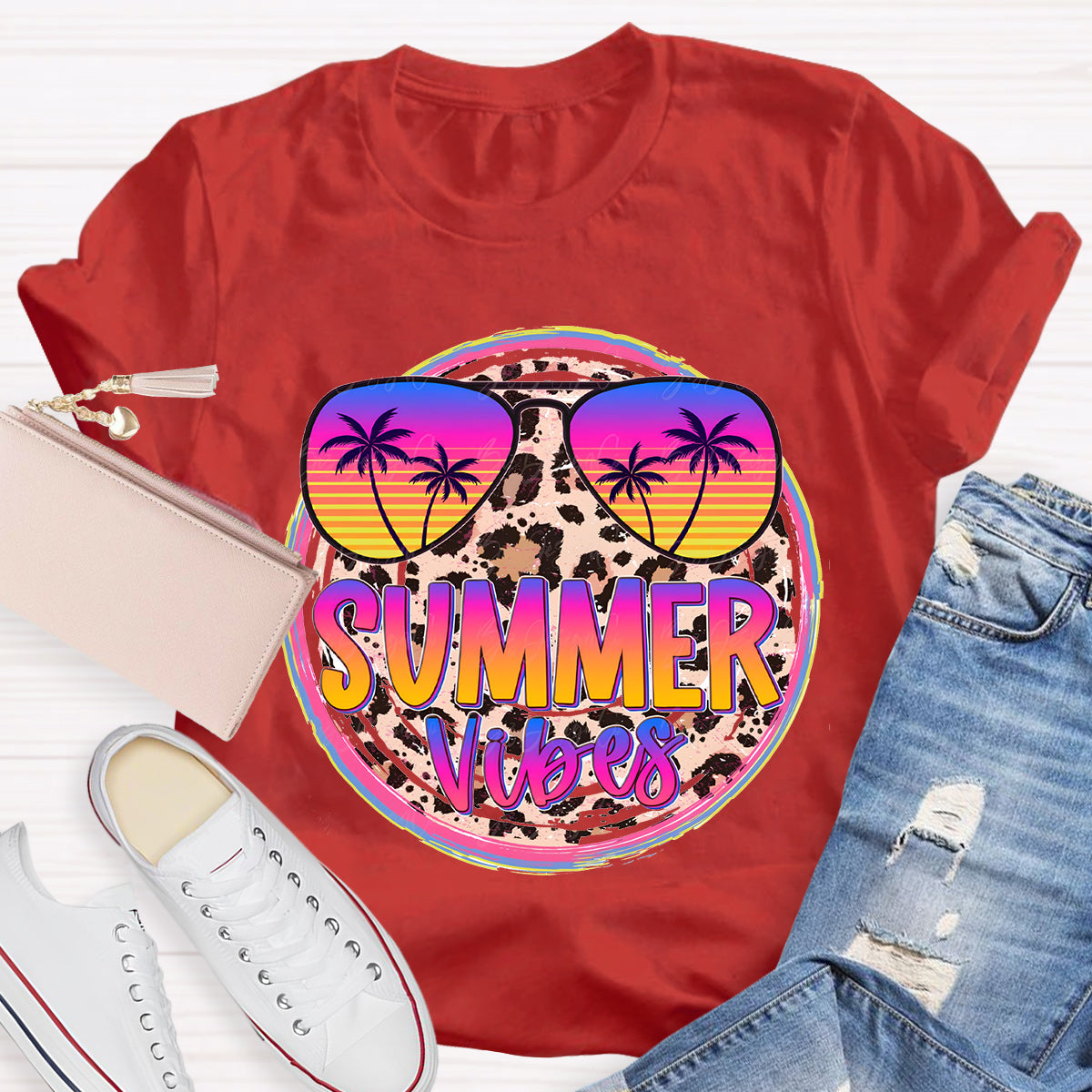 Summer Vibes Leopard Printed Teacher T-Shirt