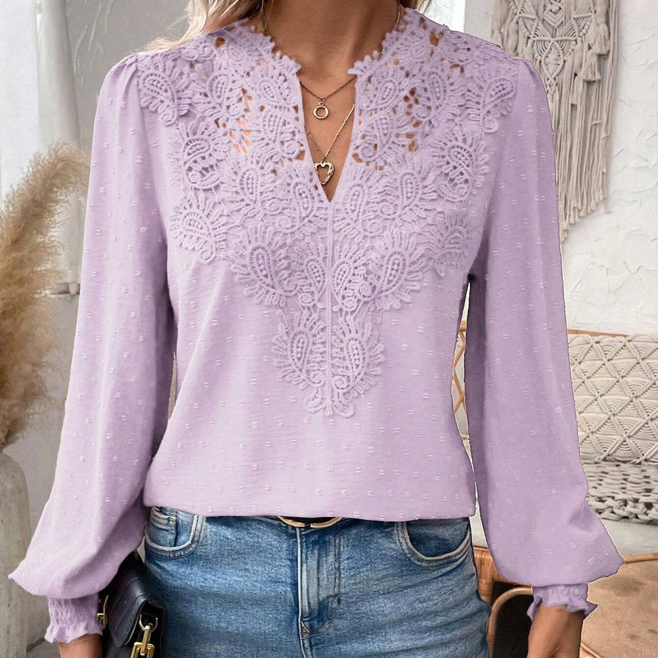 V-Neck Lace Solid Color Long-Sleeved Casual T-Shirt