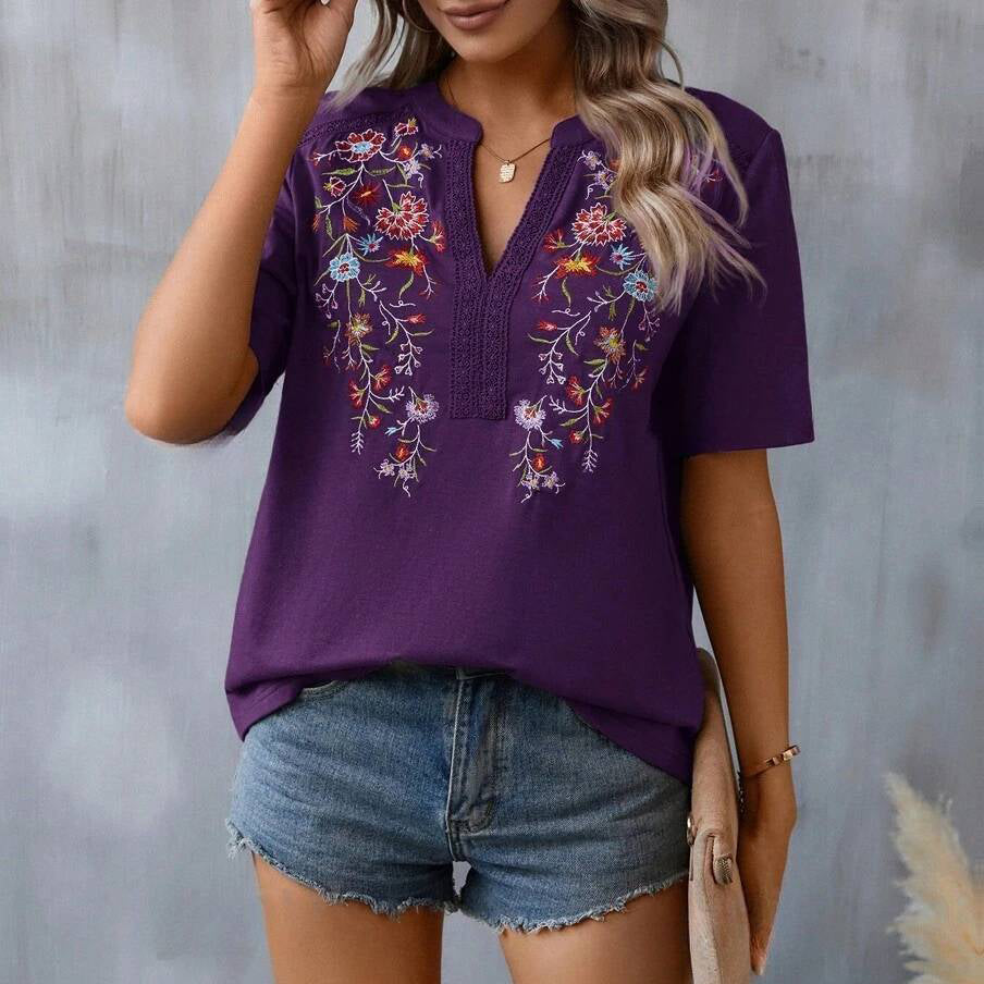 Embroidered And Lace Trim Short-Sleeved T-Shirt