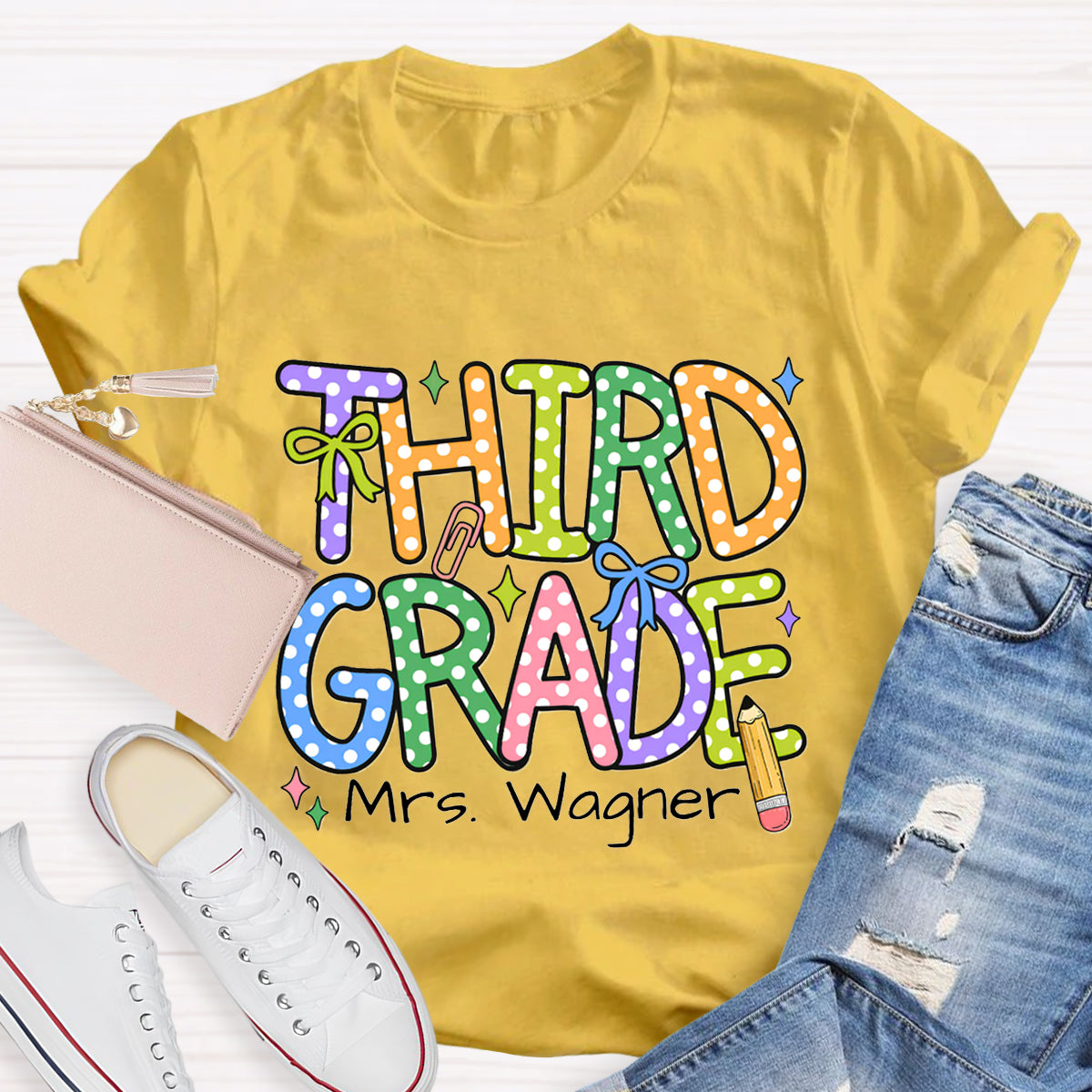 Personalized Name And Grade Colorful Polka Dot Letter Print T-shirt