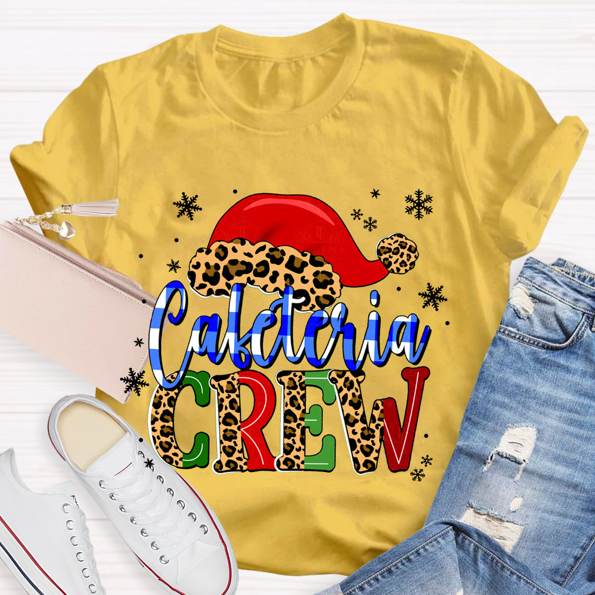 Cafeteria Crew Snowflake Leopard Print Christmas Hat T-shirt