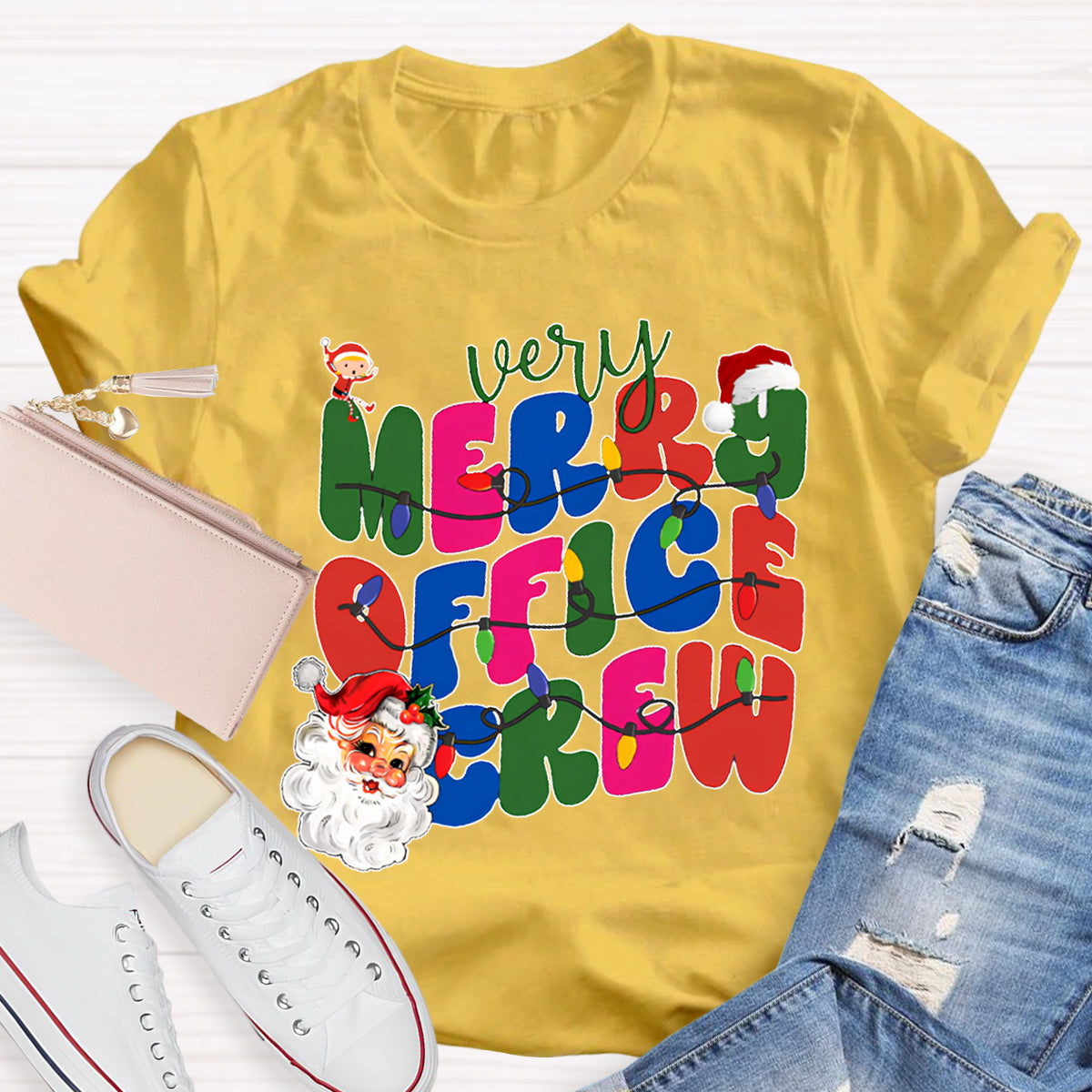 Very Merry Office Crew Santa Claus And Colorful Fonts T-shirt
