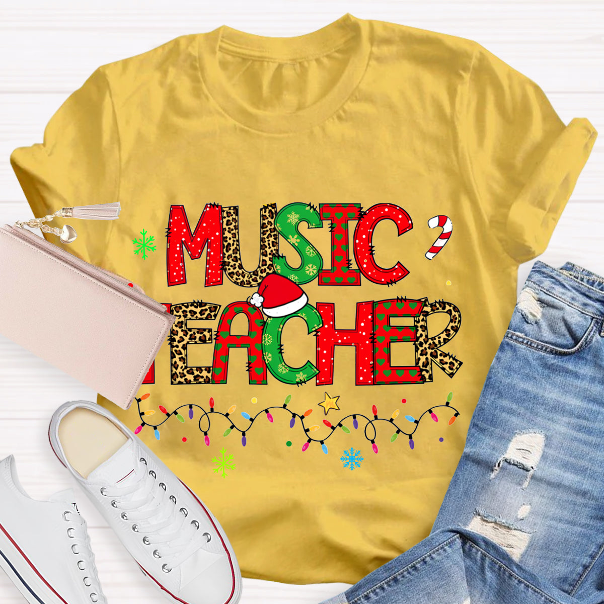 Music Teacher Christmas Lights And Colorful Fonts Christmas T-shirt