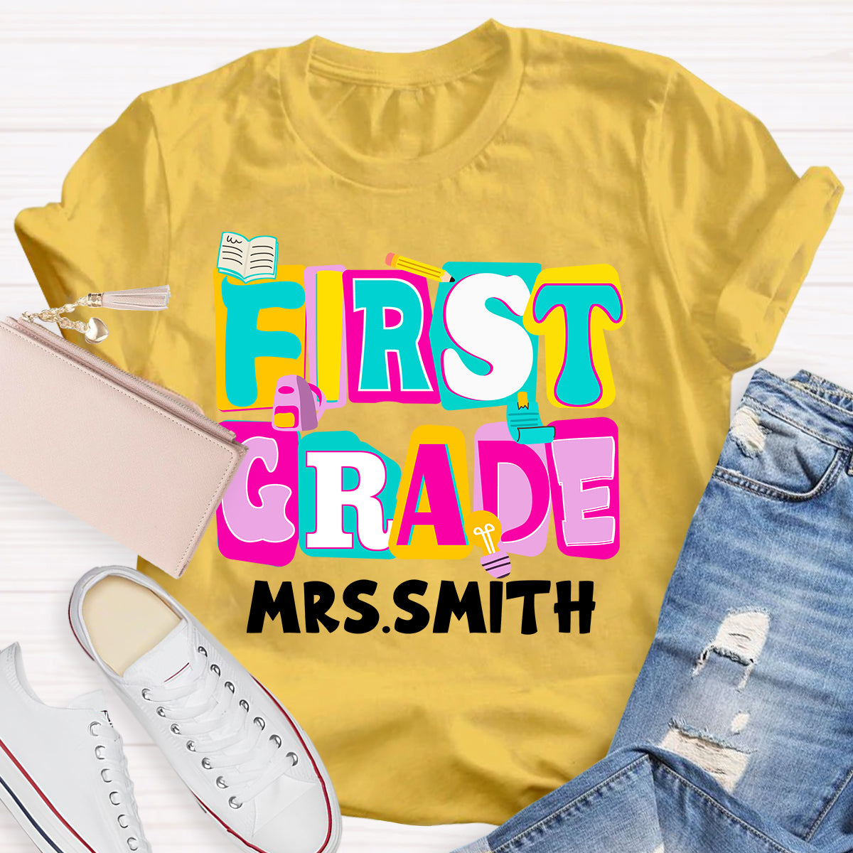 Personalized Grade And Name Colorful Letter Squad Pencil Teacher T-shirt