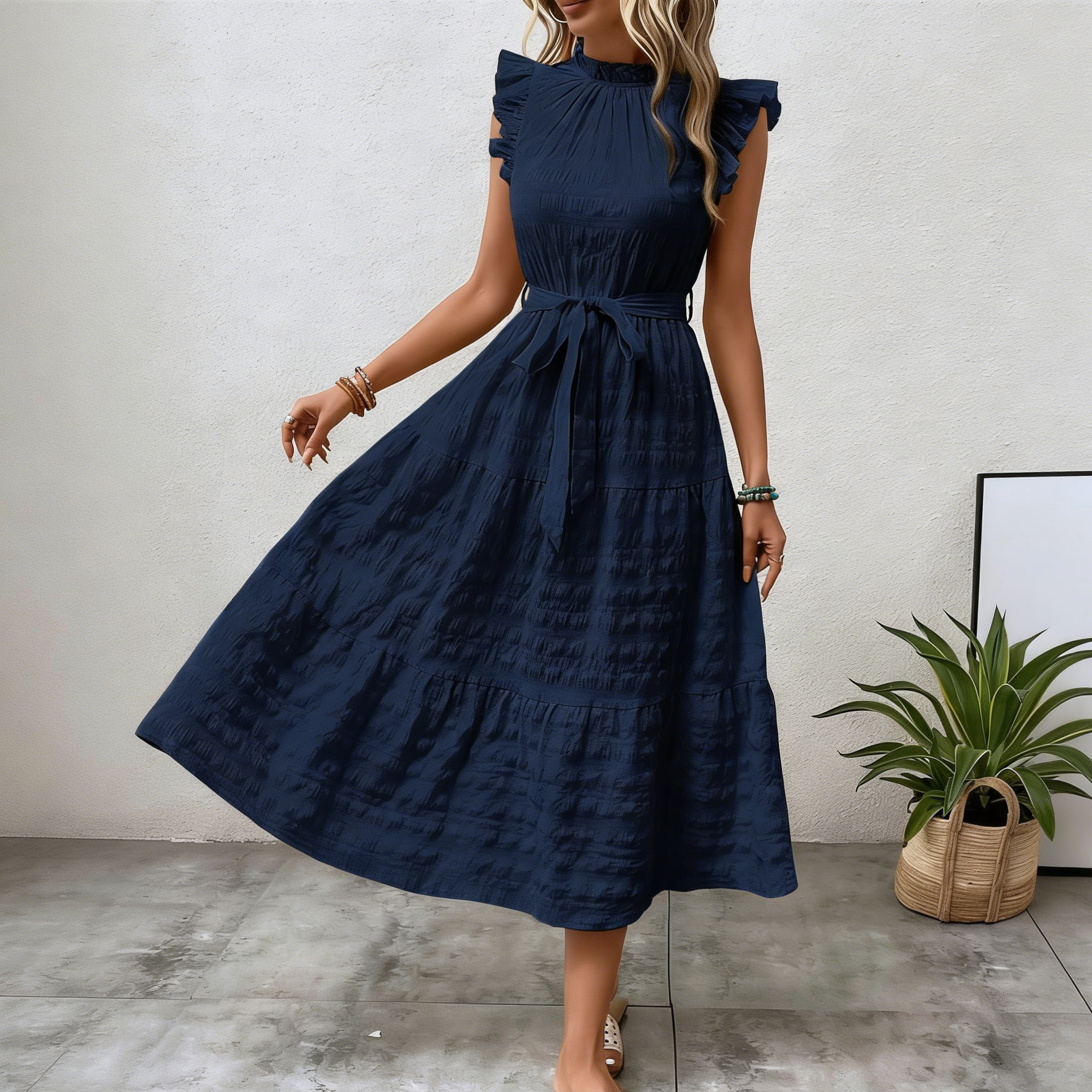 Ruffled Trim  Flutter Sleeves  Tie-Up Textured Dress