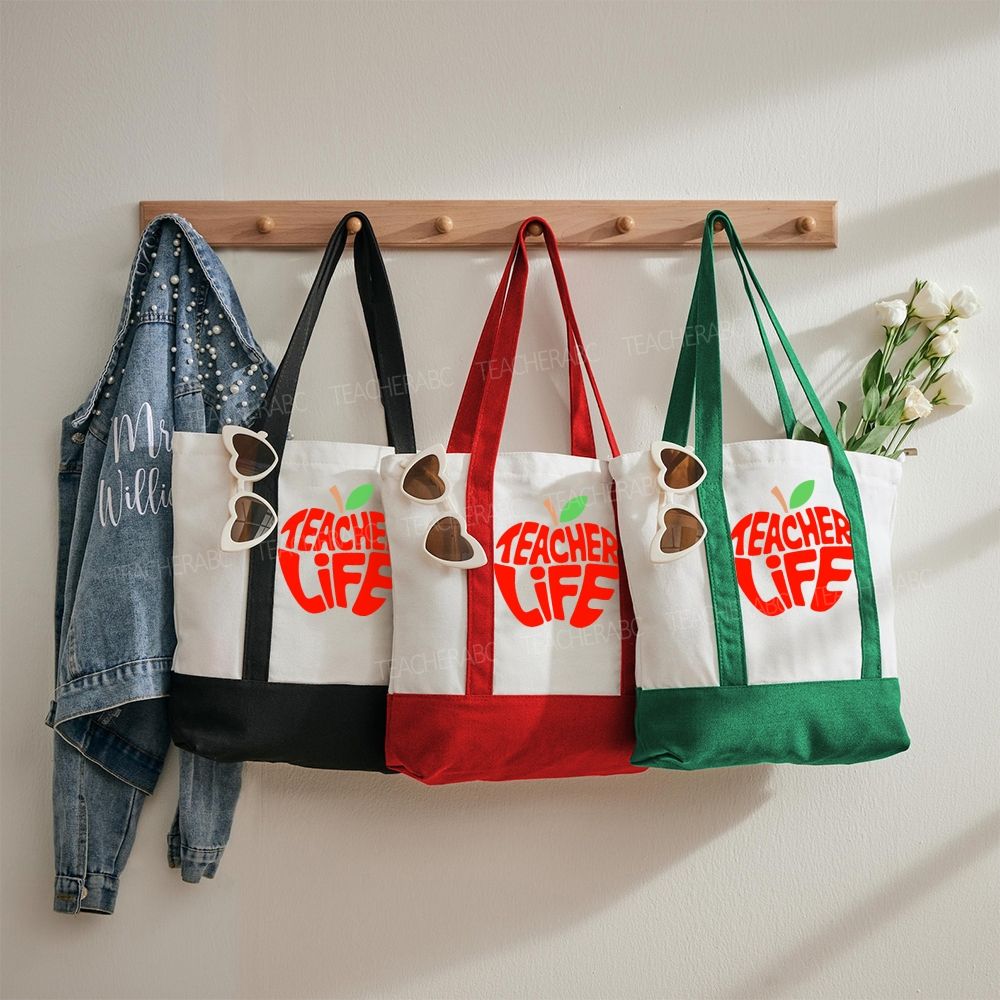Teacher Life Apple  Color-blocked Canvas Bag