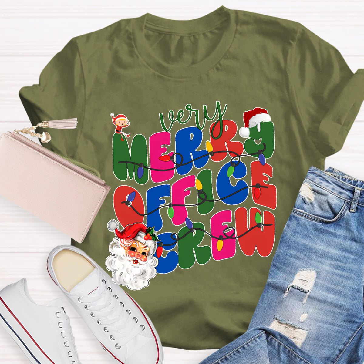 Very Merry Office Crew Santa Claus And Colorful Fonts T-shirt