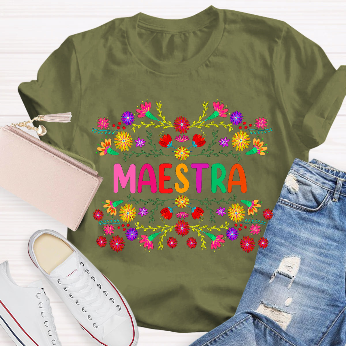 Maestra Colorful Bouquets And Colorful Fonts Bilingual Teacher T-shirt