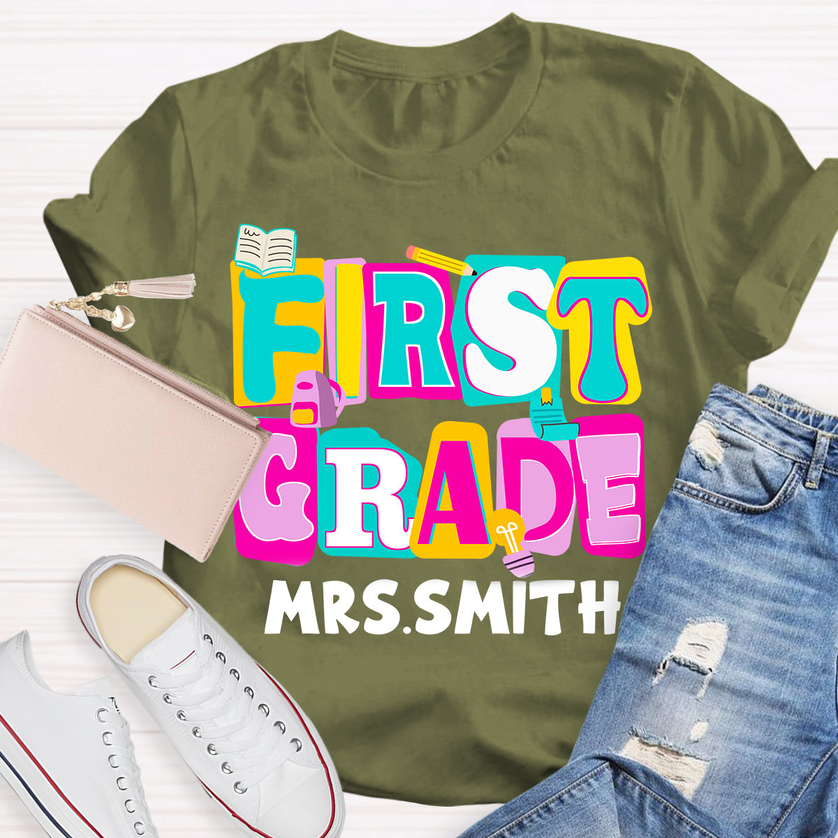 Personalized Grade And Name Colorful Letter Squad Pencil Teacher T-shirt