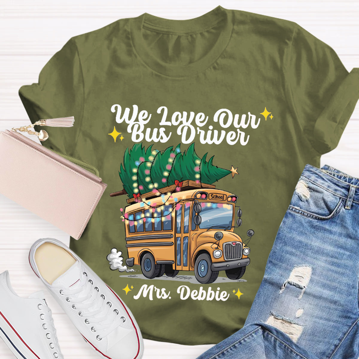 Personalized Name We Love Our School Bus And Christmas Tree T-shirt