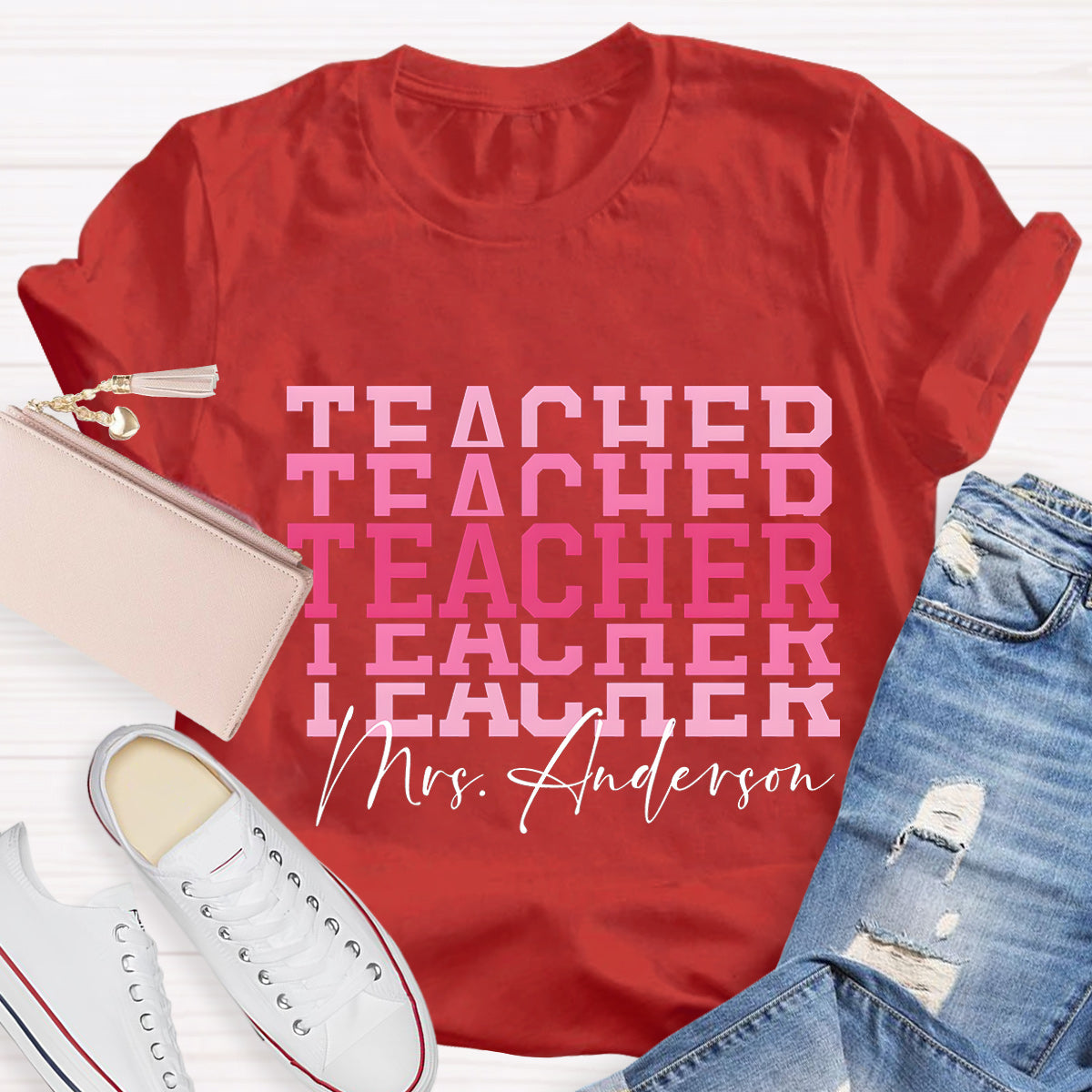 Personalize Name Pink  Teacher T-Shirt