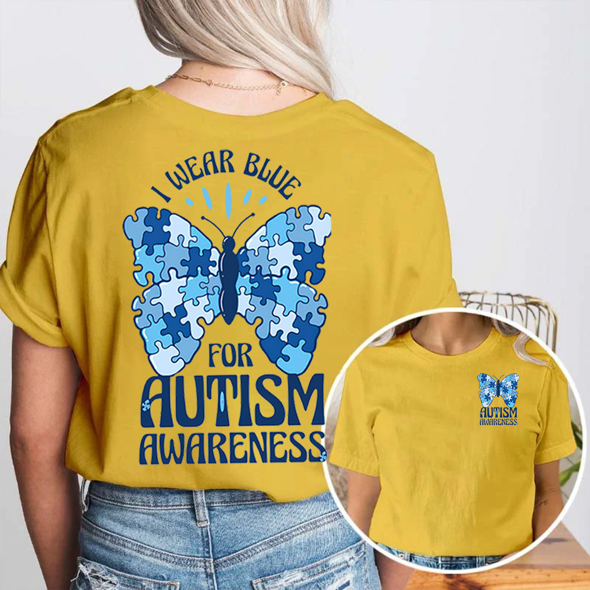 I Wear Blue For Autism Awareness Double Printed T-shirt