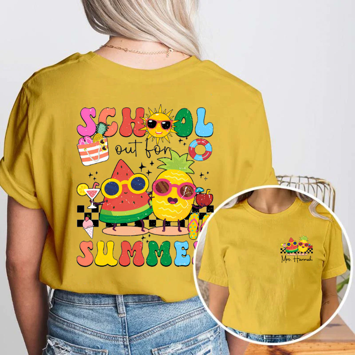 Personalized Name school Out For Summer Ice cream Double Printed T-shirt