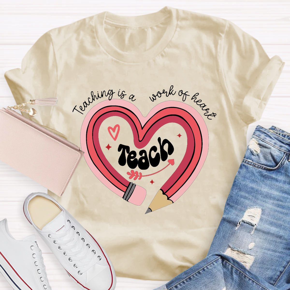 Teaching Is A Work Of Heart Pencil Teacher T-Shirt