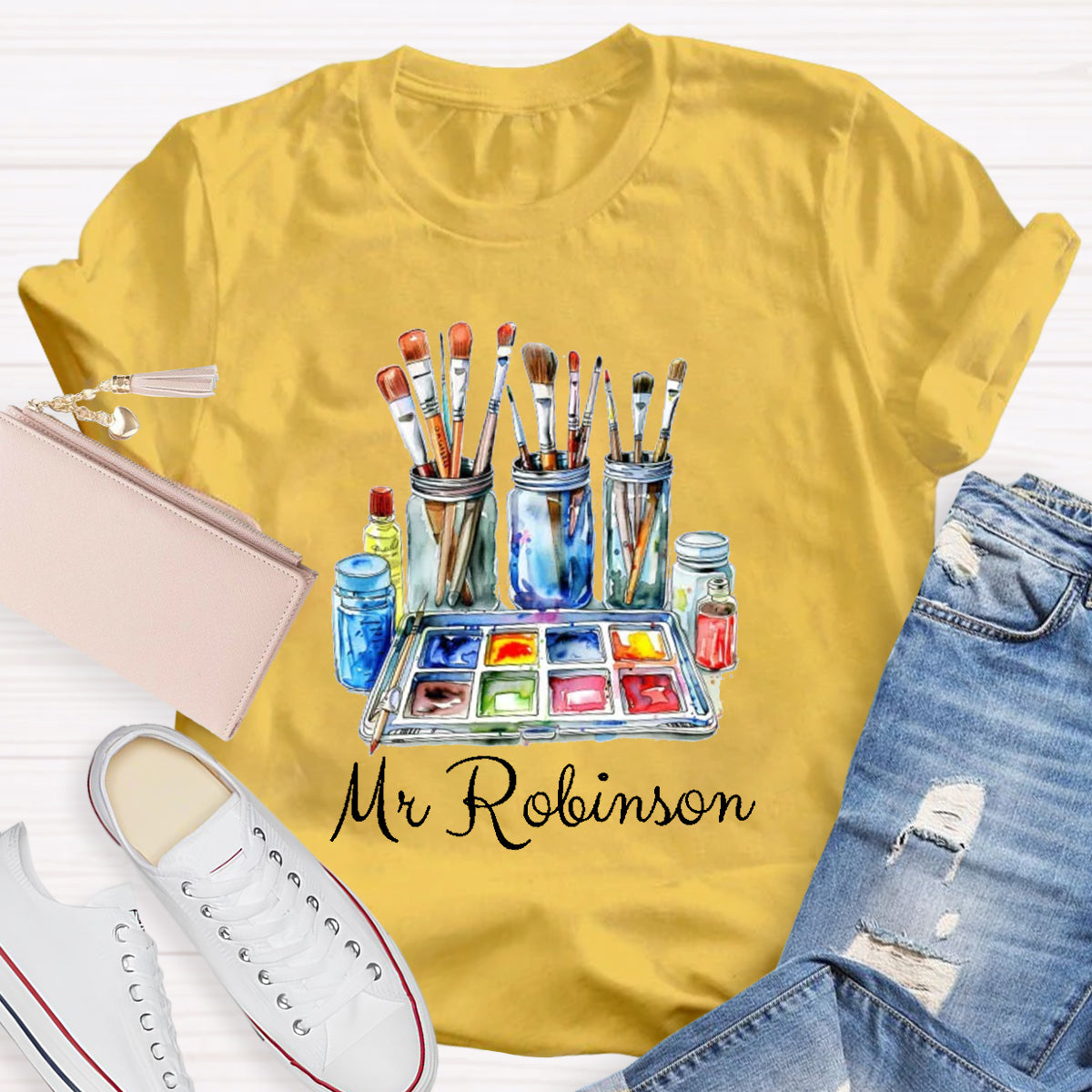 Personalized Name Painter Brush Art Teacher T-Shirt