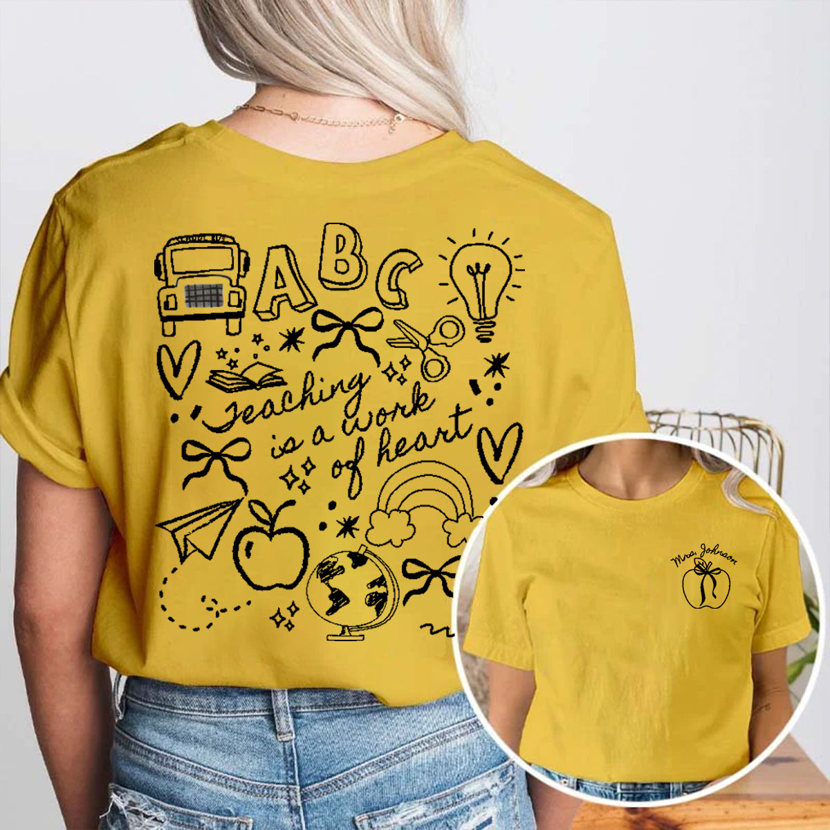 Personalized Grade Teaching Is A Work Of Heart Apple Double Printed T-shirt