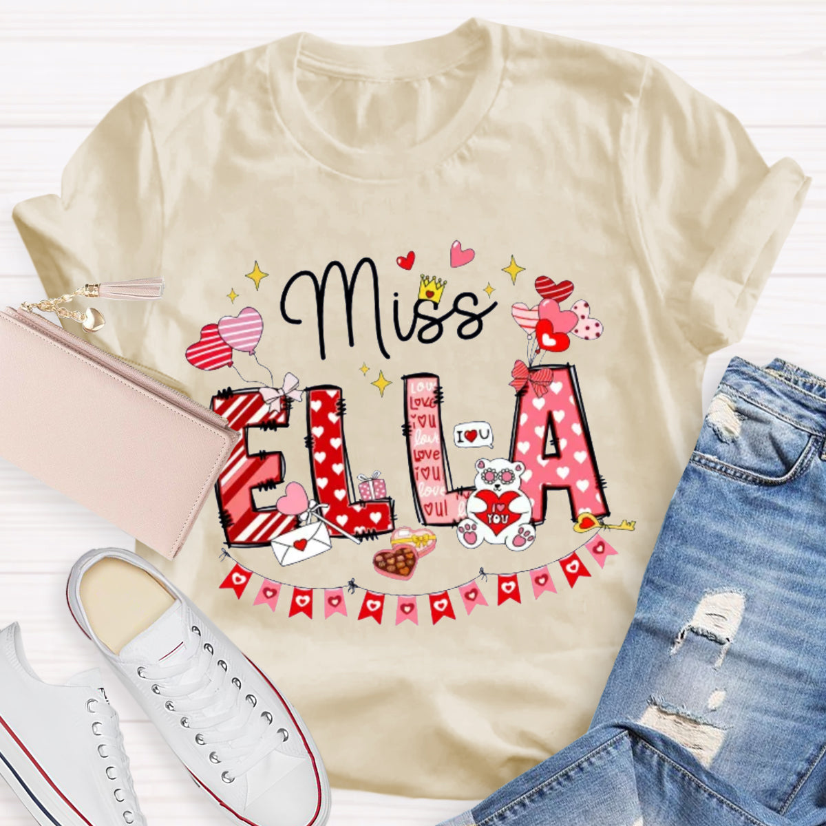 Personalized Name Valentine's Day Miss Ella Teacher T-Shirt
