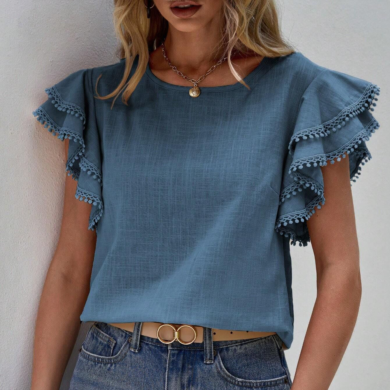 Round Neck Shirt With Ruffles And Batwing Top