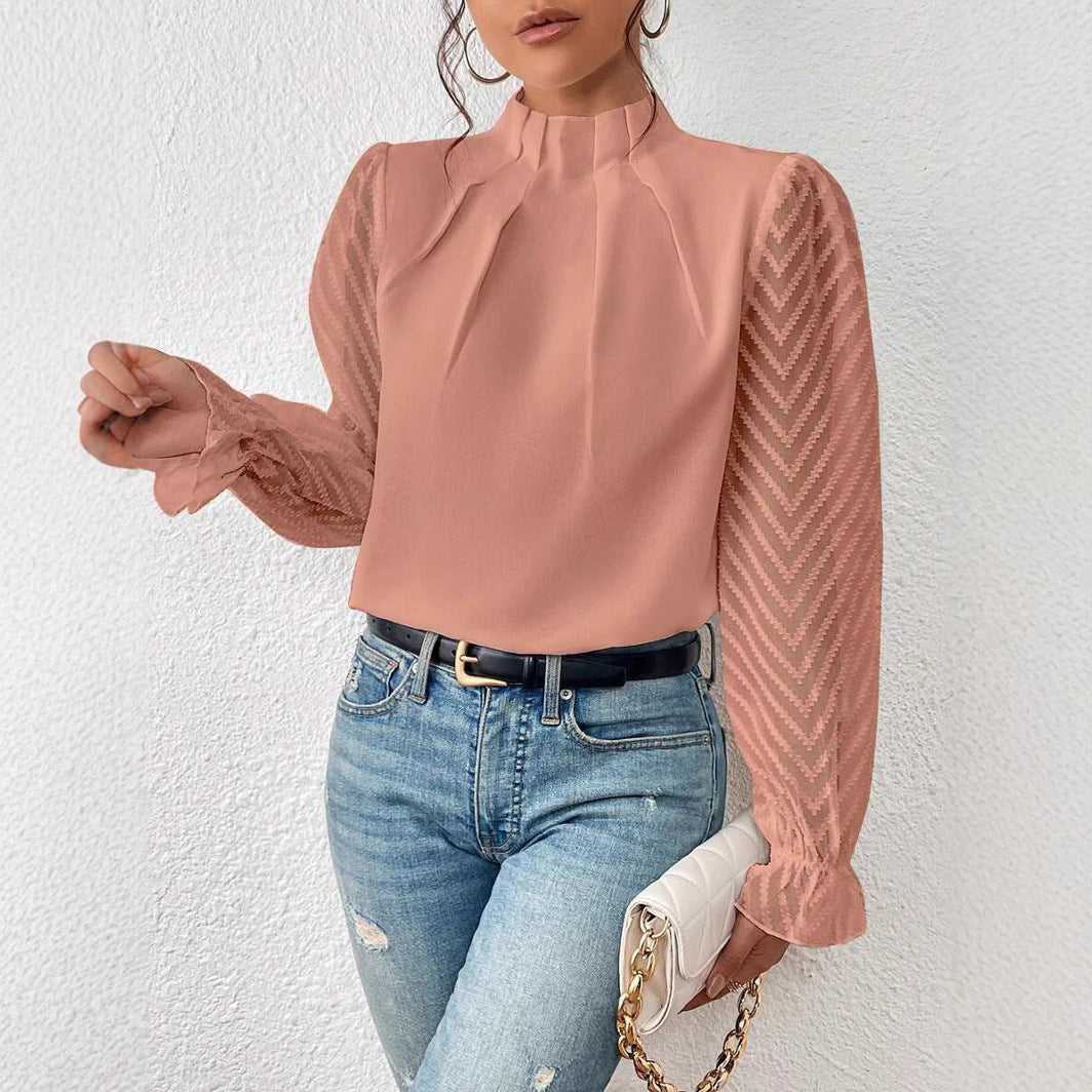 High Collar Patchwork Wavy Pattern Chiffon Long Sleeves Shirt