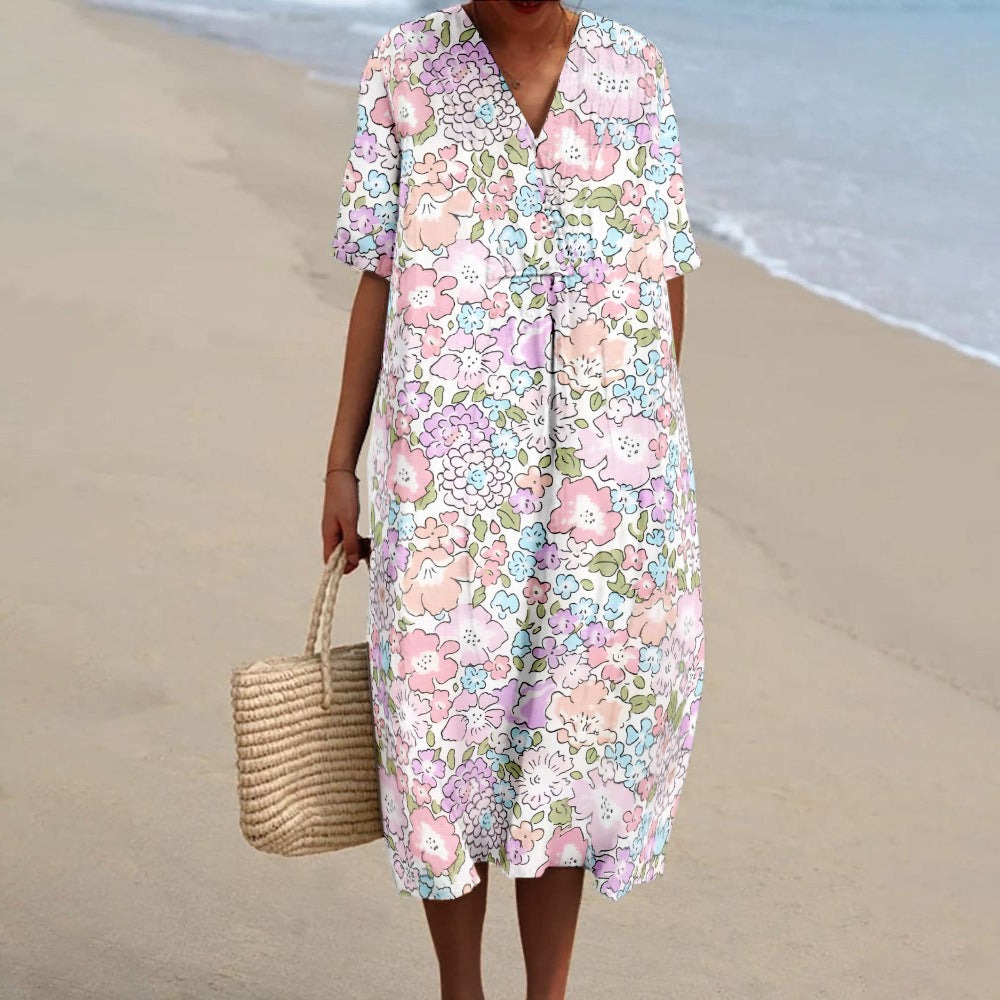 Colorful Flower Teacher V-neck Resort Dress