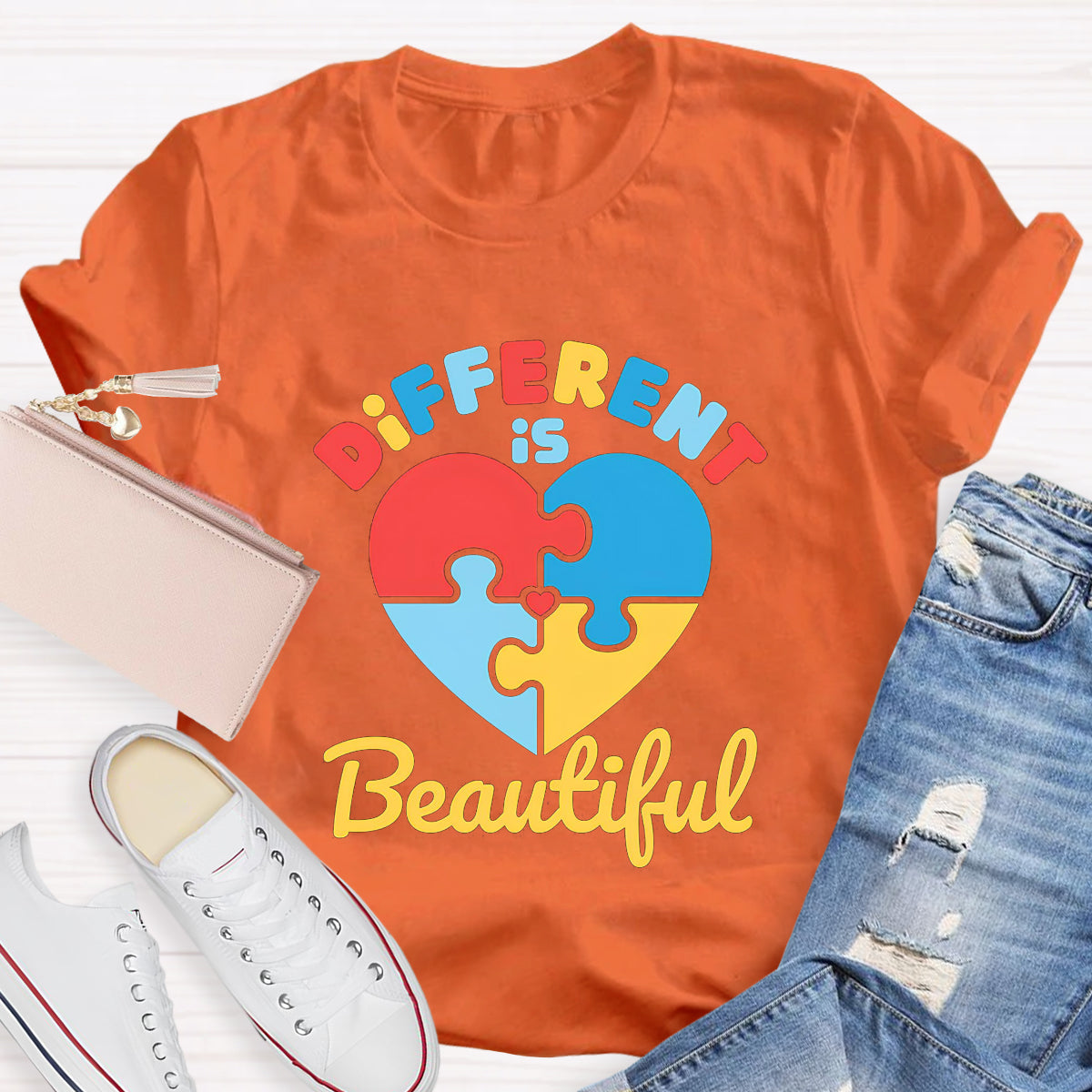 Different Is Beautiful Colorful Heart Teacher T-Shirt