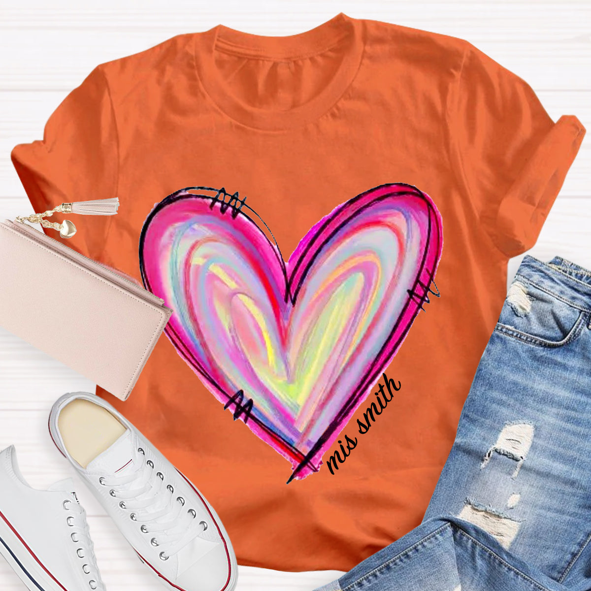 Personalized Name Art Painted Heart Teacher T-Shirt