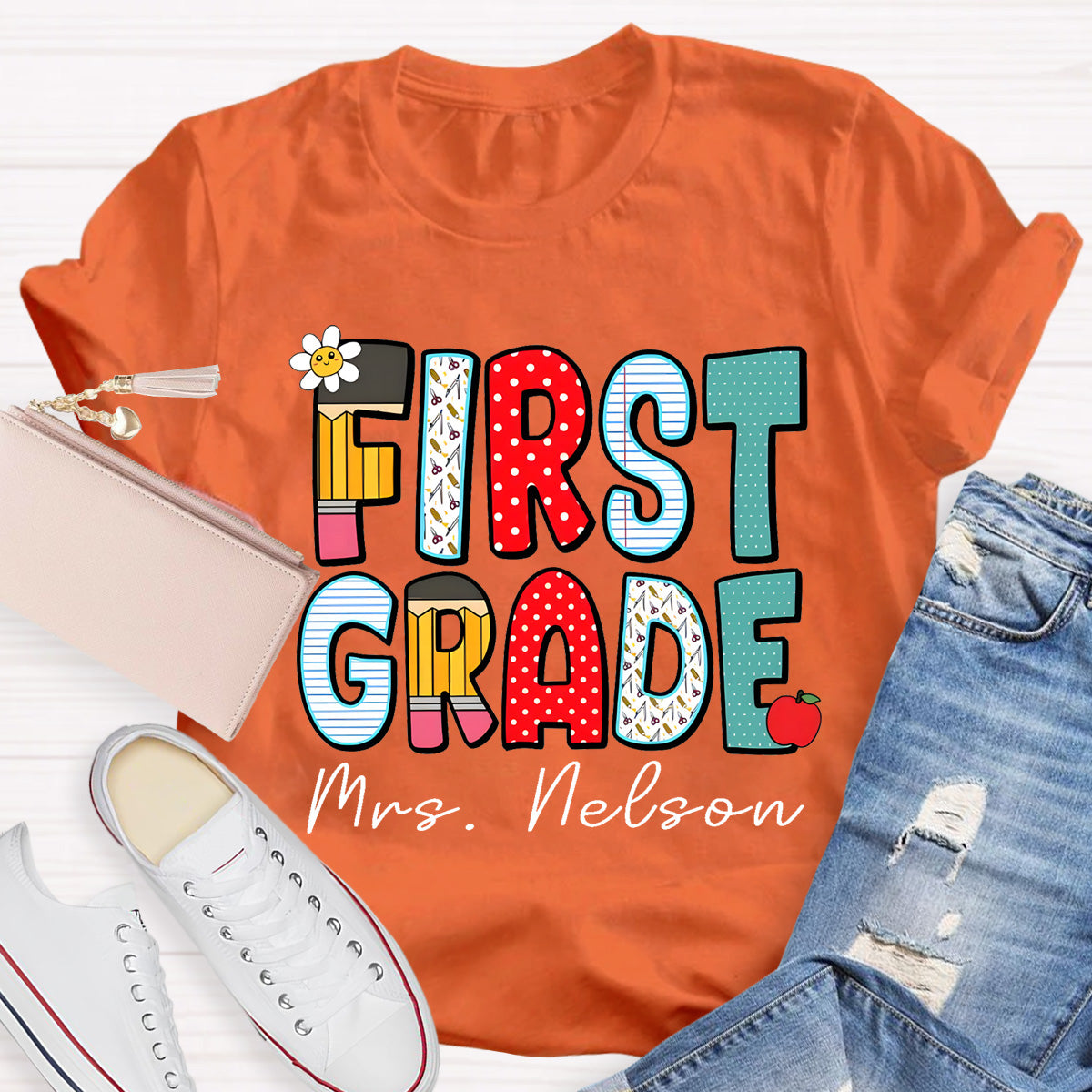 Personalized Grade And Name Back To School Dot Printed Teacher T-Shirt