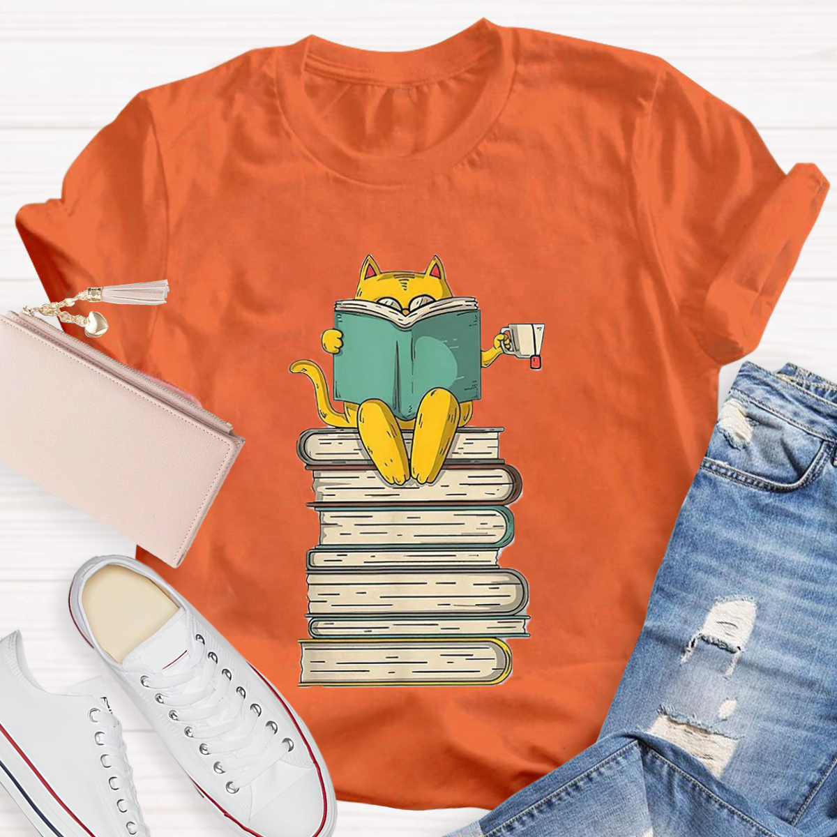 Reading Cat Funny Book & Tea Lover T-Shirt